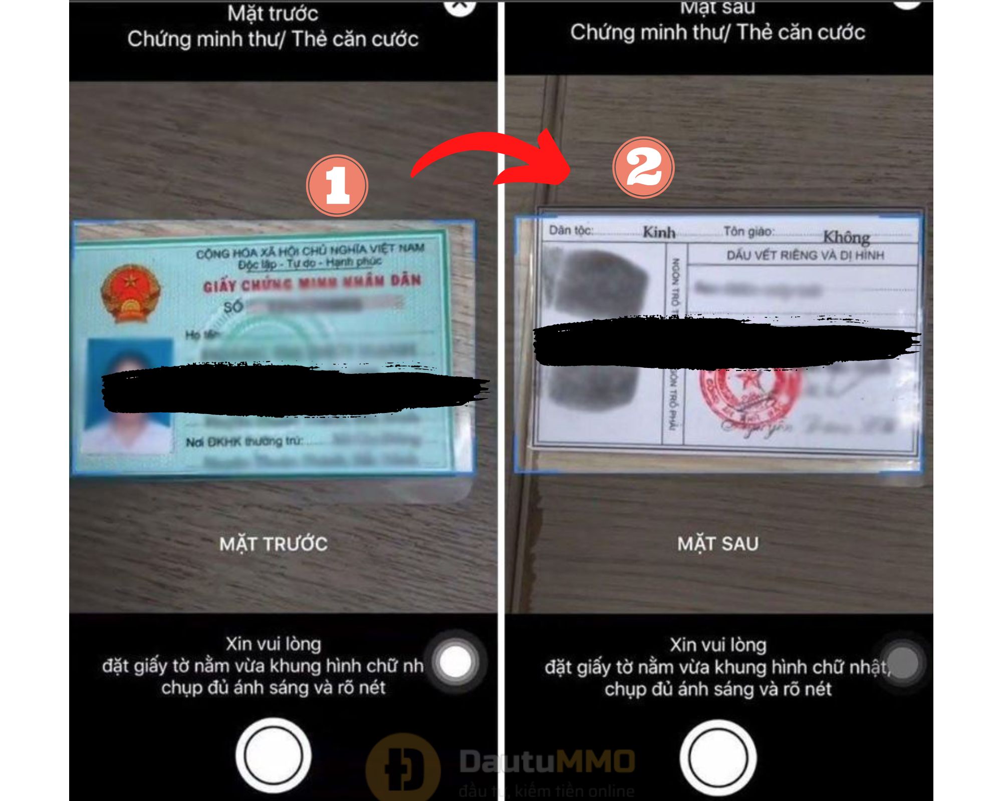 Chụp ảnh mặt trước và mặt sau chứng minh thư nhân dân để xác minh danh tính tài khoản MBBank