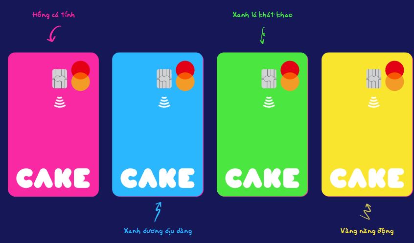 Thẻ Cake có 4 màu sắc (hồng, xanh dương, xanh lá cây, vàng) cho bạn thoải mái lựa chọn