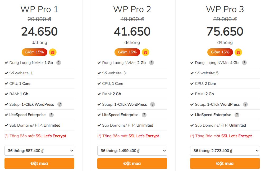 Bảng giá gói dịch vụ Hosting WordPress tại BKhost với 3 gói đầu tiên