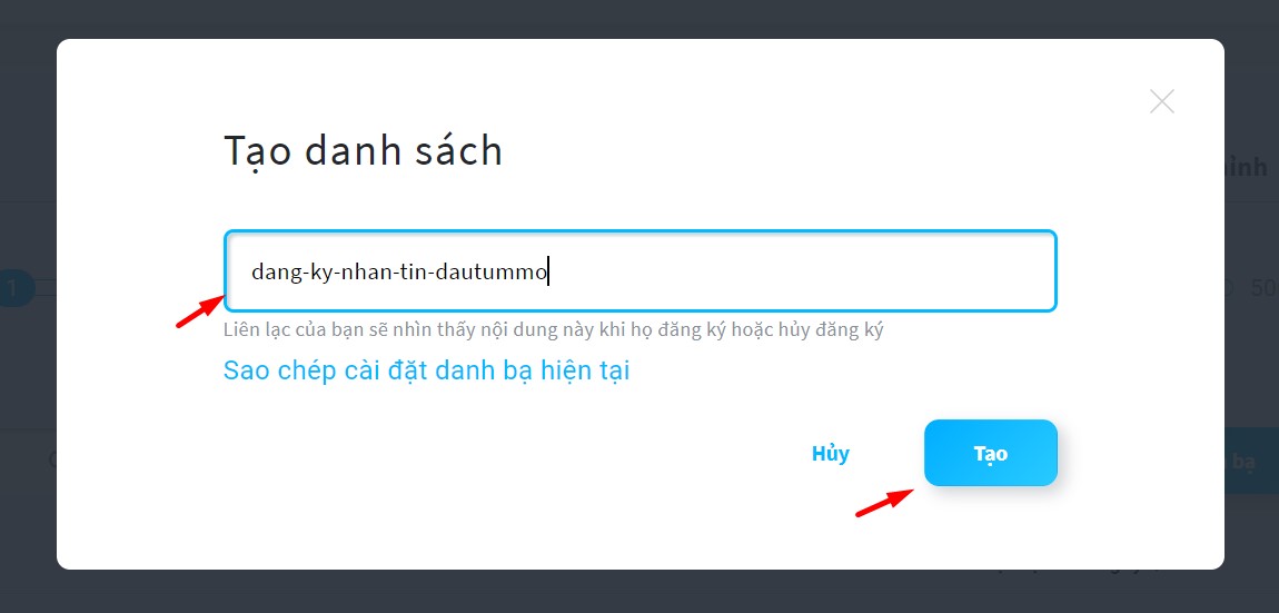 Nhập tên của danh bạ cần tạo cho tài khoản Getresponse