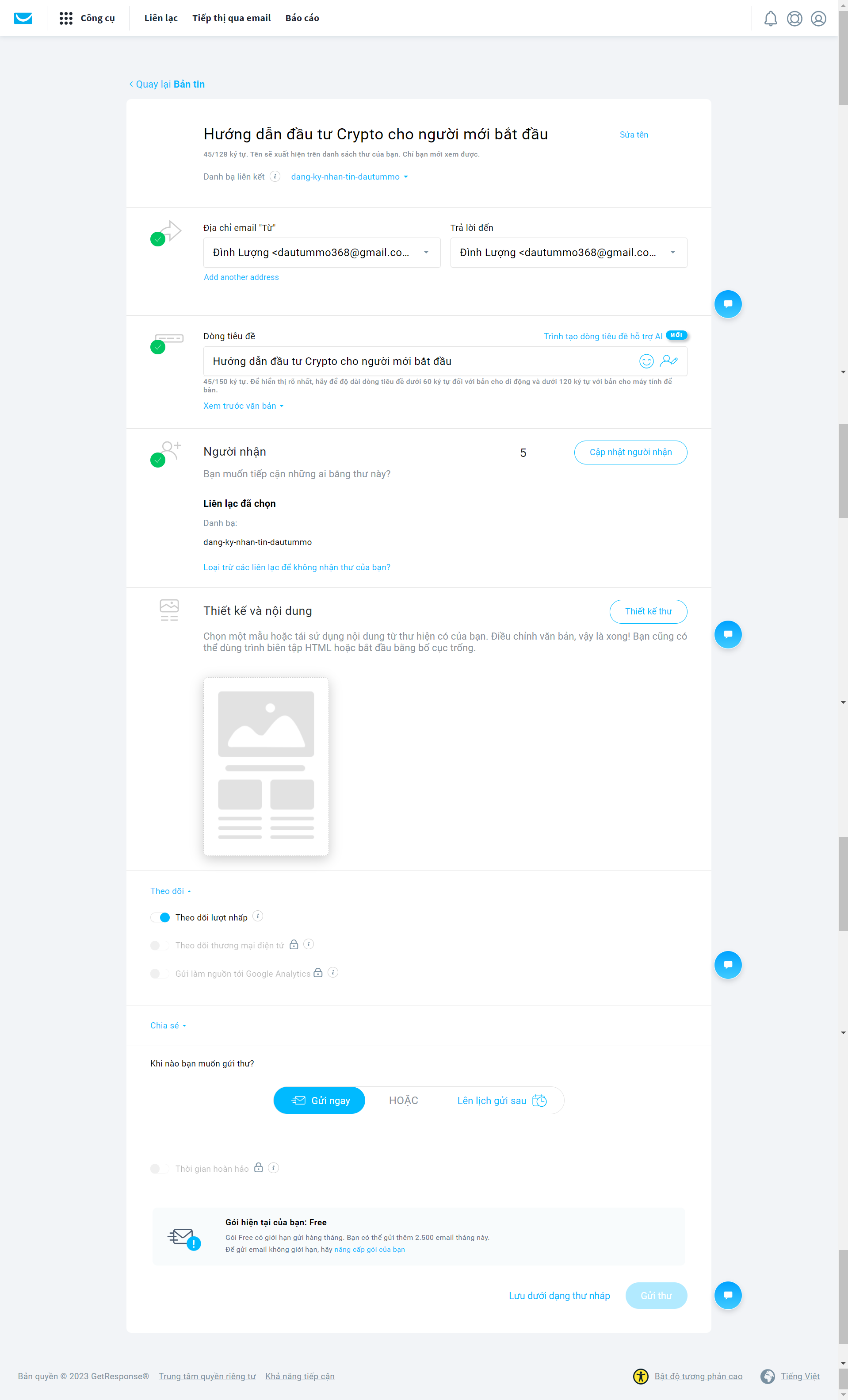 Màn hình cài đặt thư gửi đi hàng ngày của Getresponse