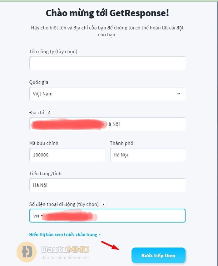 Điền thông tin liên hệ, địa chỉ, số điện thoại của tài khoản Getresponse