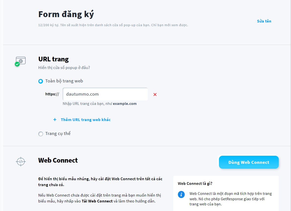 Đặt tên cho Form đăng ký và thao tác gắn mã lên trang với Web Connect theo hướng dẫn của Getresponse