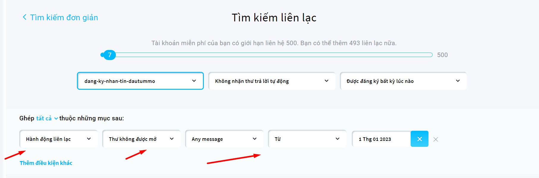 Lọc các email không còn tương tác trong một khoảng thời gian, ví dụ 1 năm để xóa, tránh lãng phí tài nguyên tài khoản Getresponse của bạn.