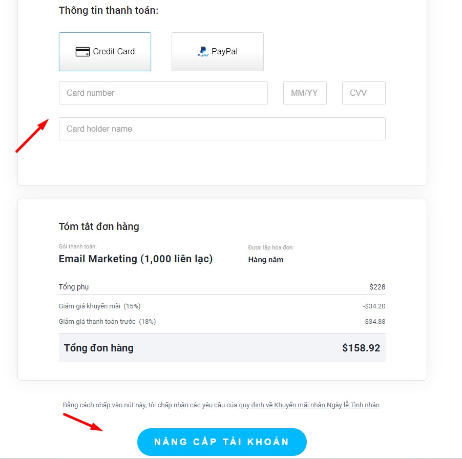 Nhập thông tin thanh toán gói trả phí của Getresponse bằng thẻ visa hoặc Paypal