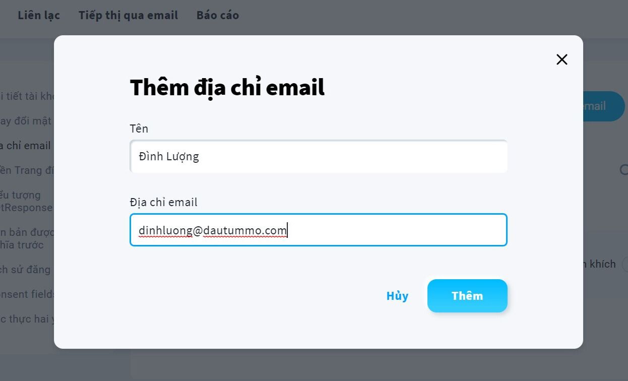 Nhập địa chỉ email cần thêm vào làm mail gửi đi cho tài khoản Getresponse