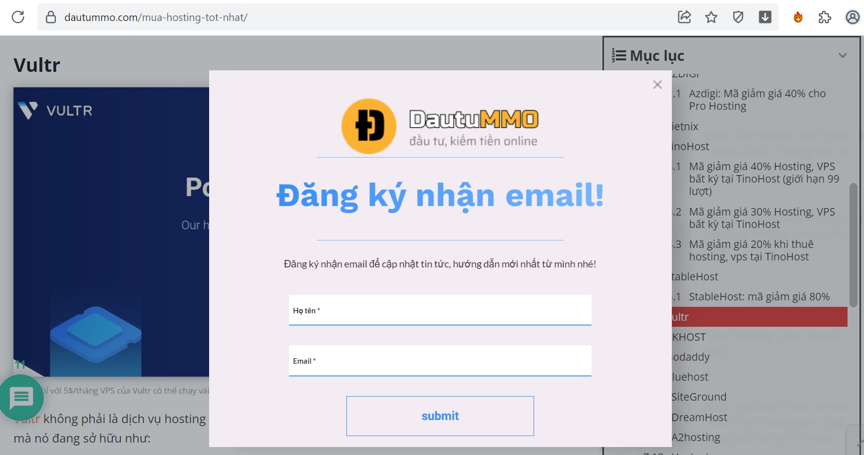 Popup của form Getresponse đã tạo sau khi gắn lên website được kích hoạt khi cuộn trang