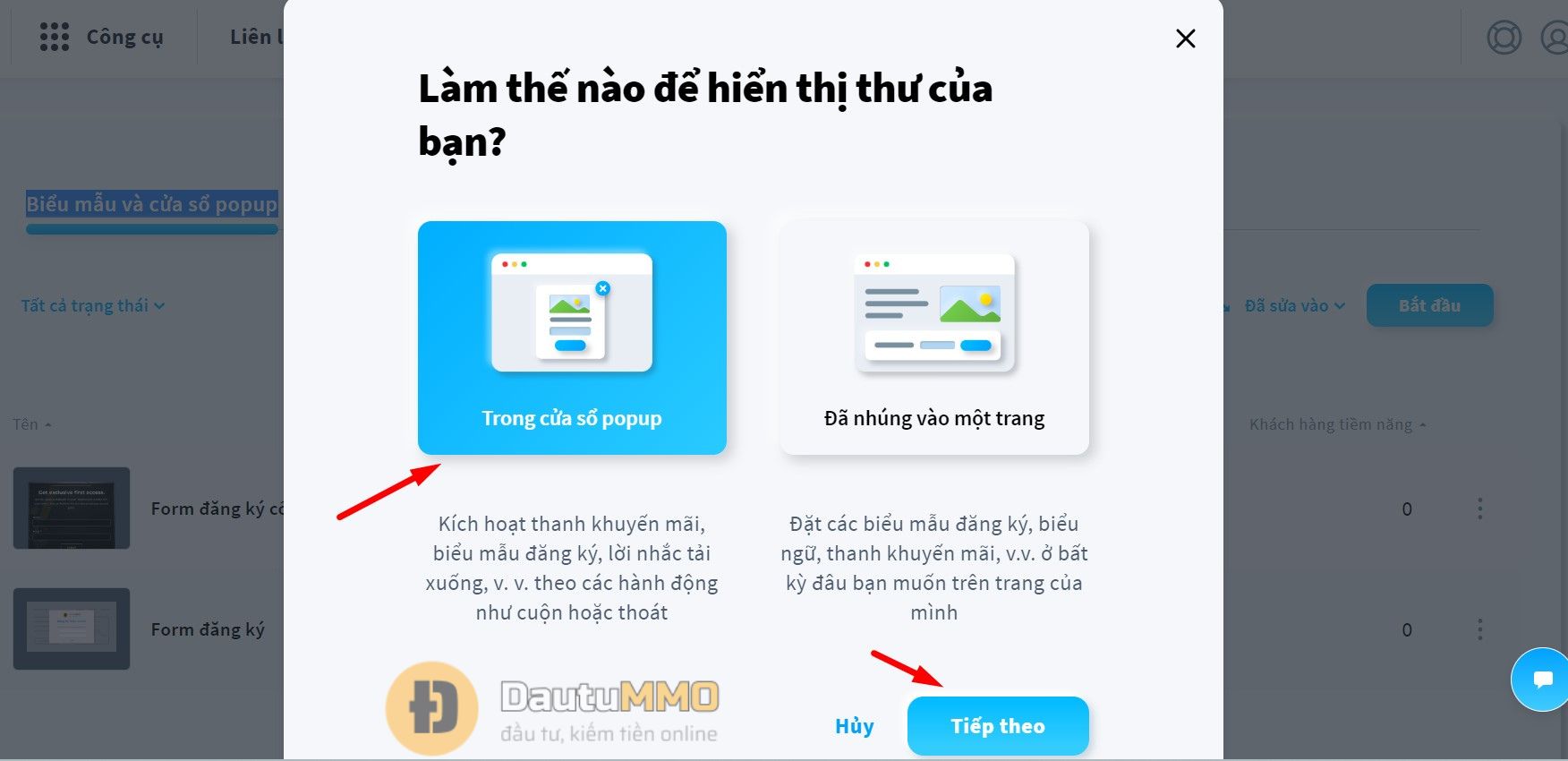 Chọn tạo form dạng popup bằng Getresponse mà không cần cài đặt thêm plugin khác.