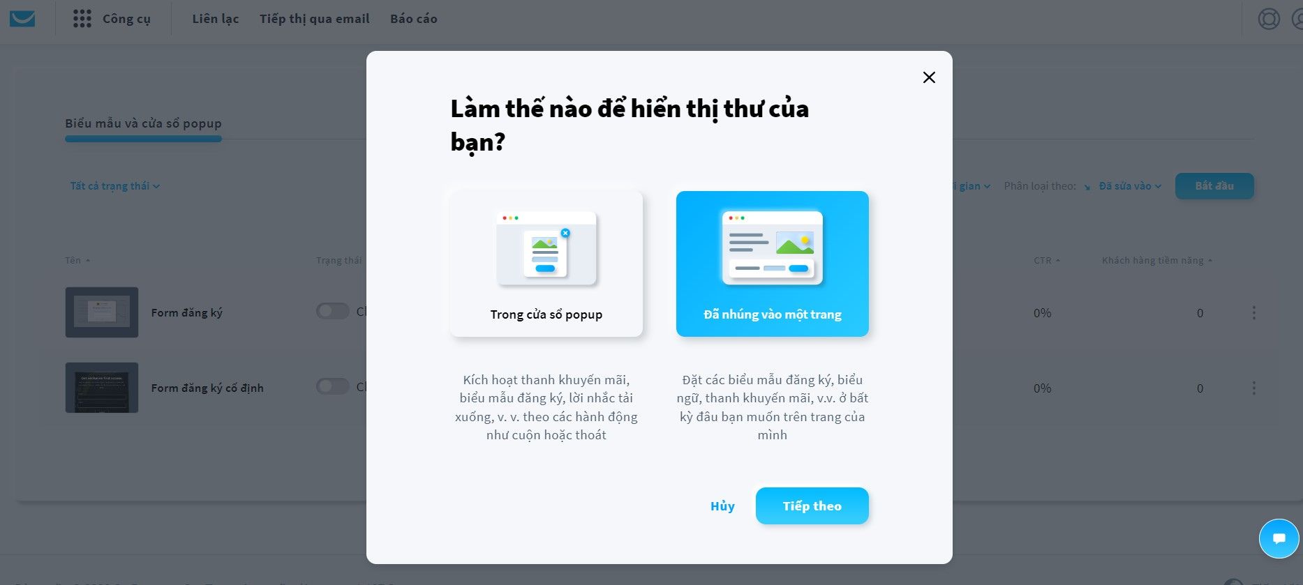 Tạo form thu thập email dạng nhúng vào vị trí cố định trên website